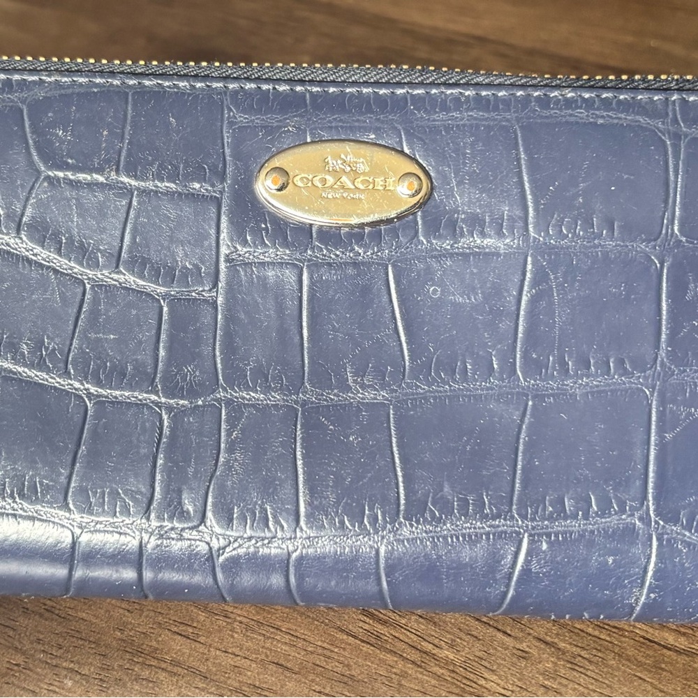 Coach Navy Croc Embossed Wallet with Gold Logo
